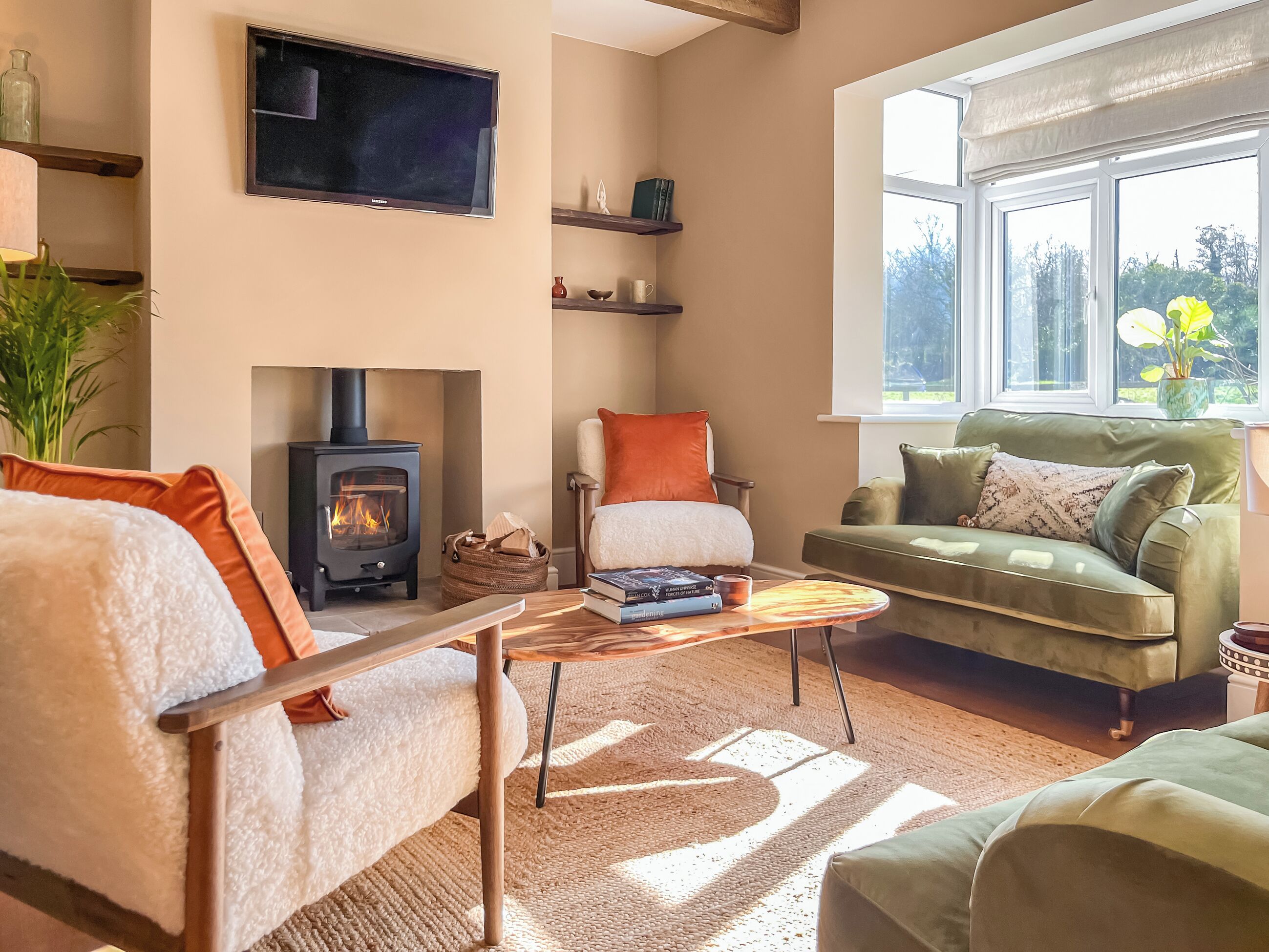 TV, fireplace
