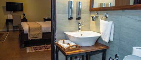 Shower, hair dryer, bidet, towels