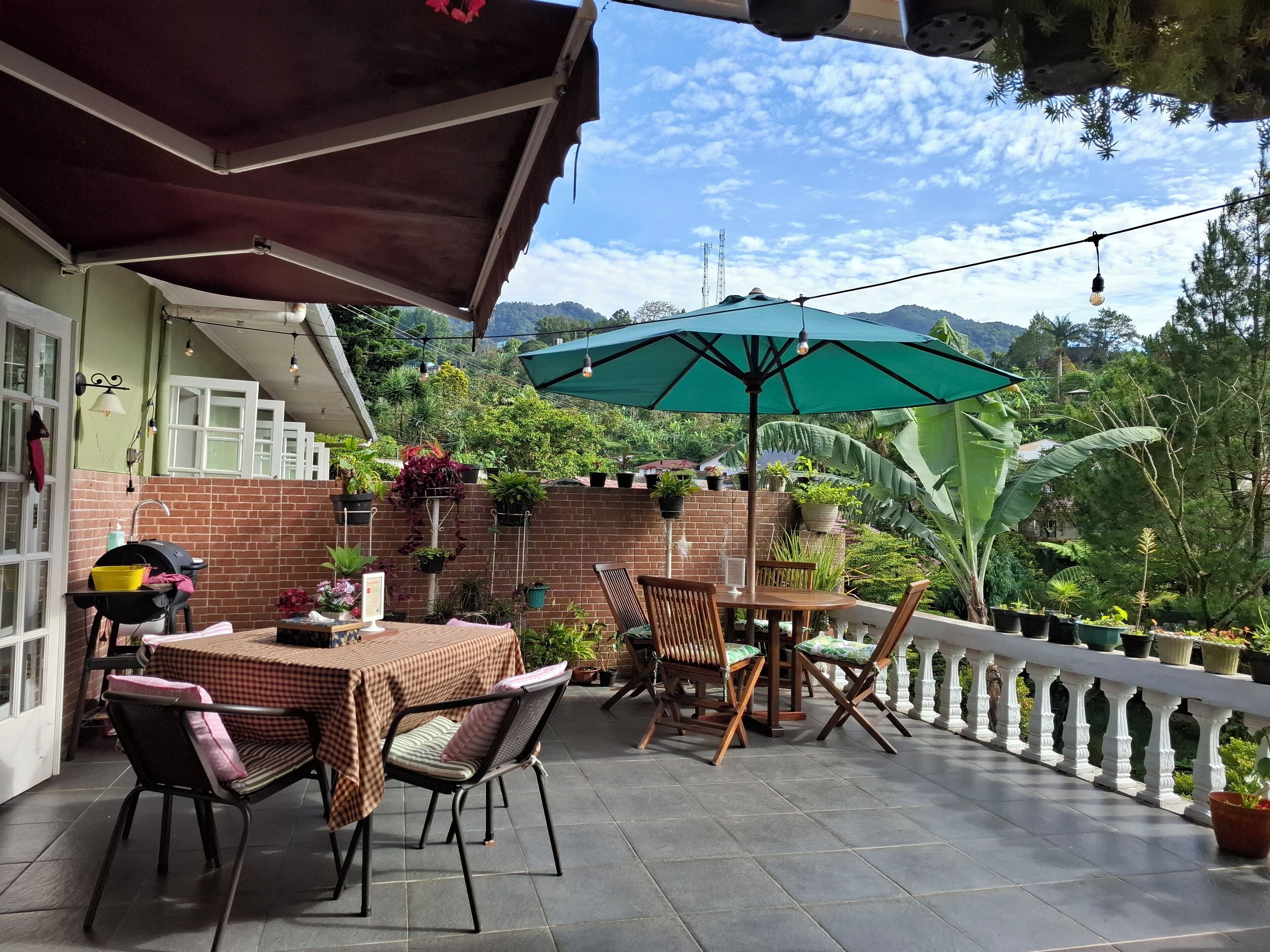 Una terrazza all'aperto con tavolo e sedie, circondata da piante in vaso e vista sulle montagne.