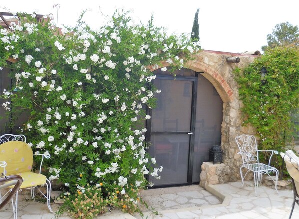A stone archway leading to a door, surrounded by white flowering plants.