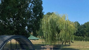 An outdoor dining setup with a pool, a covered area, and a willow tree in the background.