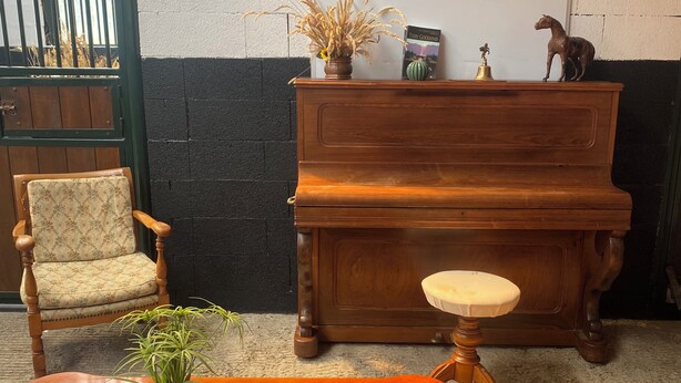 A room with a wooden piano, a chair, a small table with a plant, and a framed picture on the wall.