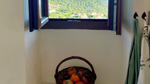 Une pièce avec une fenêtre donnant sur un paysage côtier, un panier en osier rempli d’oranges posé sur le sol et un rideau vert.