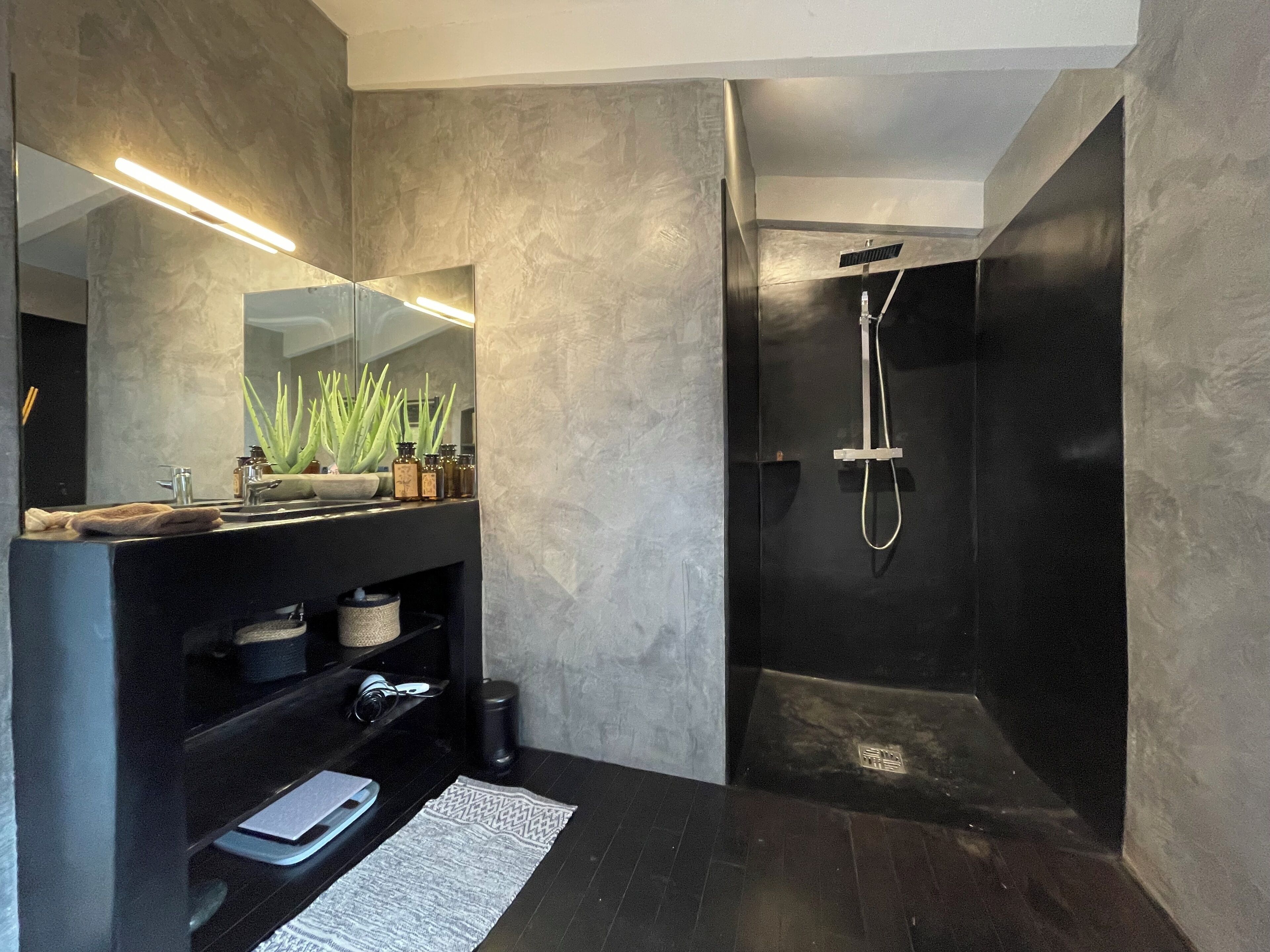 A modern bathroom with a dark floor, a black vanity, a mirror, aloe vera plants, and a shower.