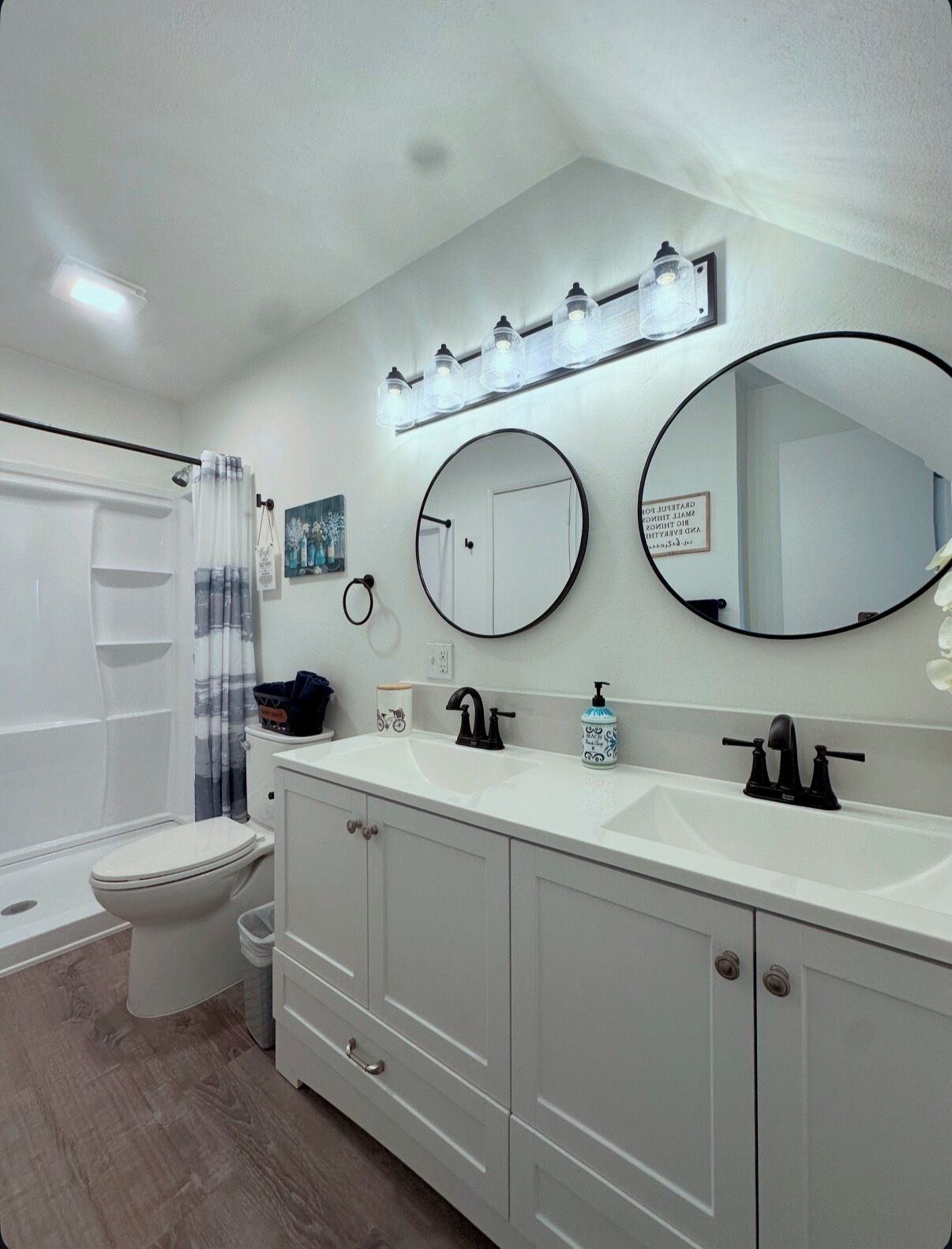 Shower, towels, soap, toilet paper