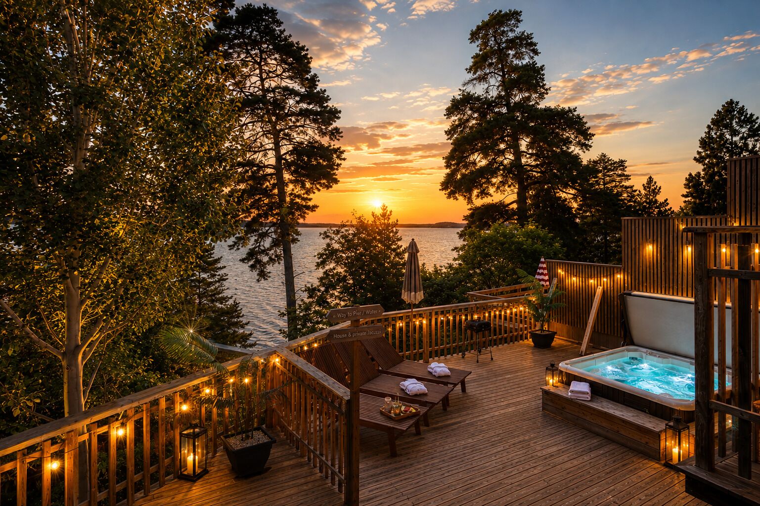 A wooden deck with a hot tub, lounge chairs, and a view of the sunset over the water.