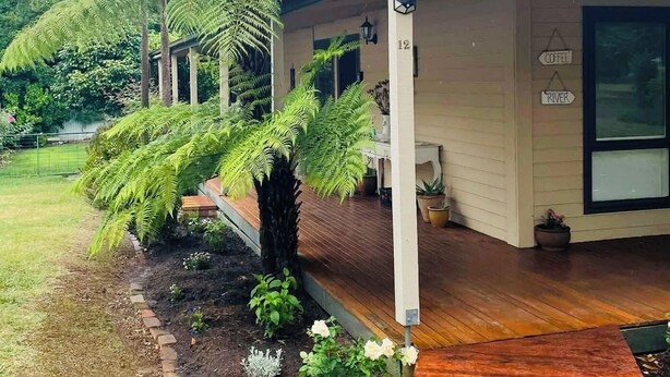 A modern building with a wooden deck, a sign indicating a coffee and river area, and lush greenery including ferns and a palm tree. - Berry Lodge- A Sweet Country Escape! (Jamieson)
