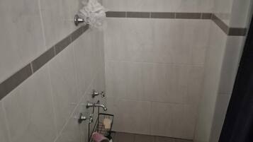 Shower, towels, soap, toilet paper