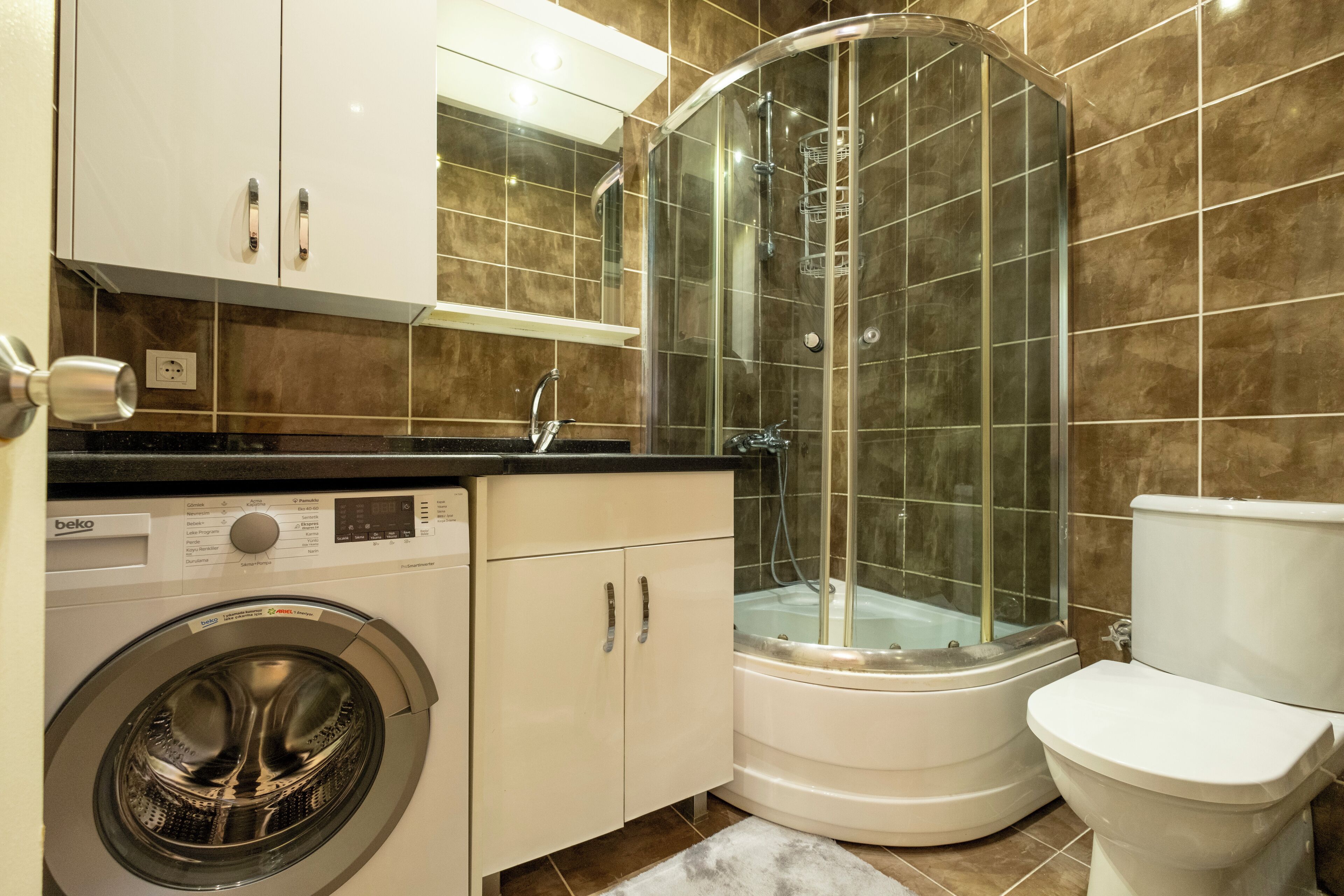 Shower, hair dryer, bidet, towels