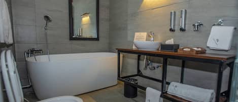 Shower, hair dryer, bidet, towels