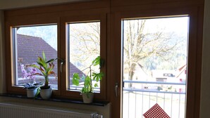 Een kamer met een radiator, twee ramen met potplanten en uitzicht op een omheinde tuin.