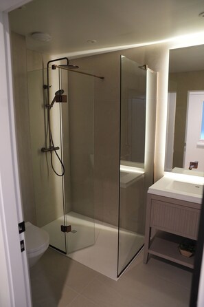 A modern bathroom with a glass-enclosed shower, a white toilet, and a vanity with a mirror. - 1st Floor Luxury 2-bed Apt, Sleeps 6 (St. Andrews)