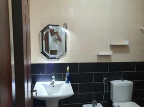 Douche, sĂšche-cheveux, bidet, serviettes fournies