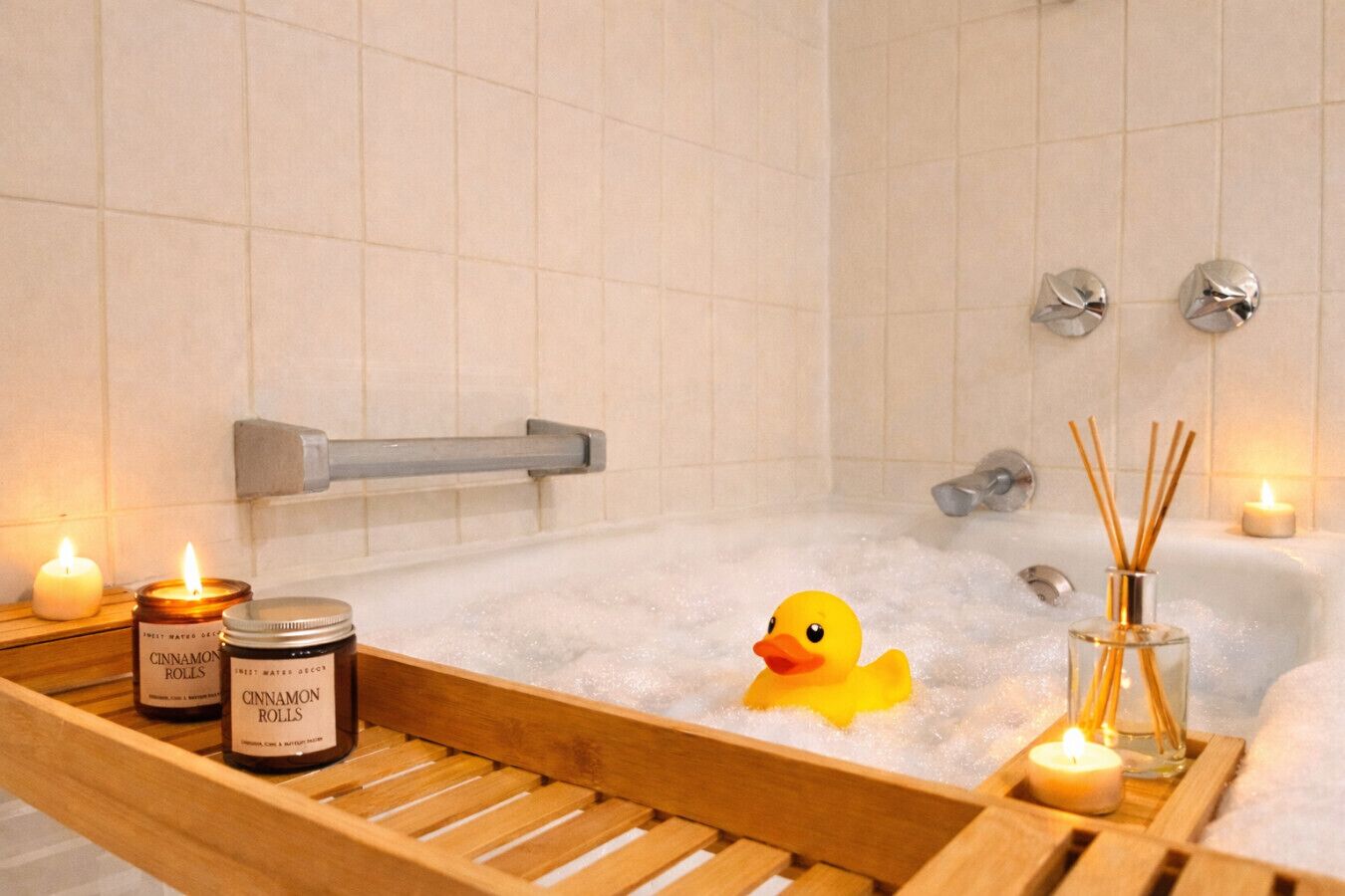 Eine Badewanne mit einem Holztablett, zwei Kerzen, einem Quietscheentchen und zwei Gläsern Zimtschnecken.