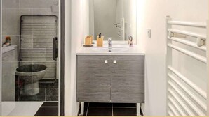 Une salle de bain équipée d’une douche, de toilettes et d’un meuble-lavabo avec un miroir.
