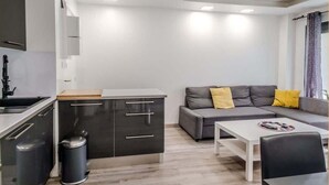 Un espace de vie compact comprenant un coin cuisine, un canapé avec des coussins, une table à manger et une poubelle.