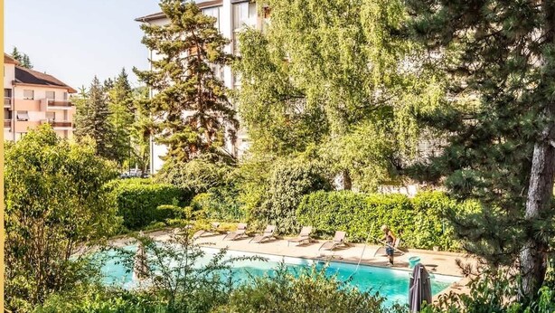 Ein Pool, umgeben von üppigem Grün und hohen Bäumen, mit einem Gebäude im Hintergrund.