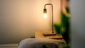 A bedside table with a lamp, a bed, and a plant in a room with a plain wall.
