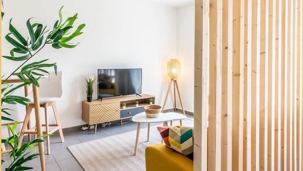 A modern living room with a flat-screen TV, wooden furniture, and a potted plant. - Chez Hubert | Proche Genève I Beaumont (Beaumont)