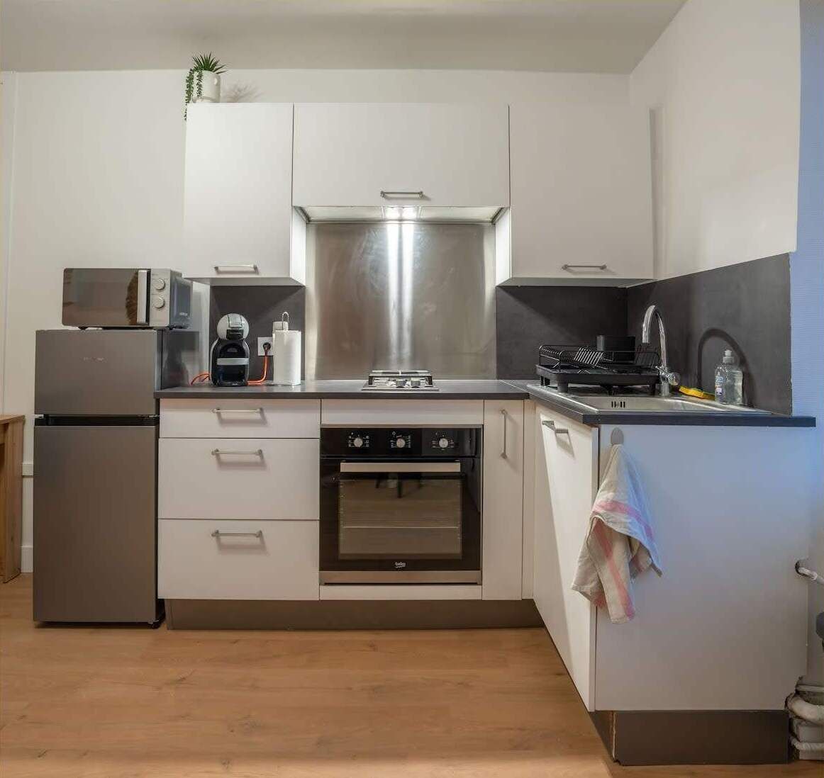 Fridge, microwave, oven, coffee/tea maker