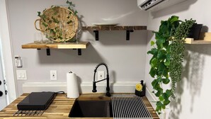 Une cuisine avec un plan de travail en bois, un évier, un robinet, un porte-serviettes en papier, un appareil noir et une plante fixée au mur.