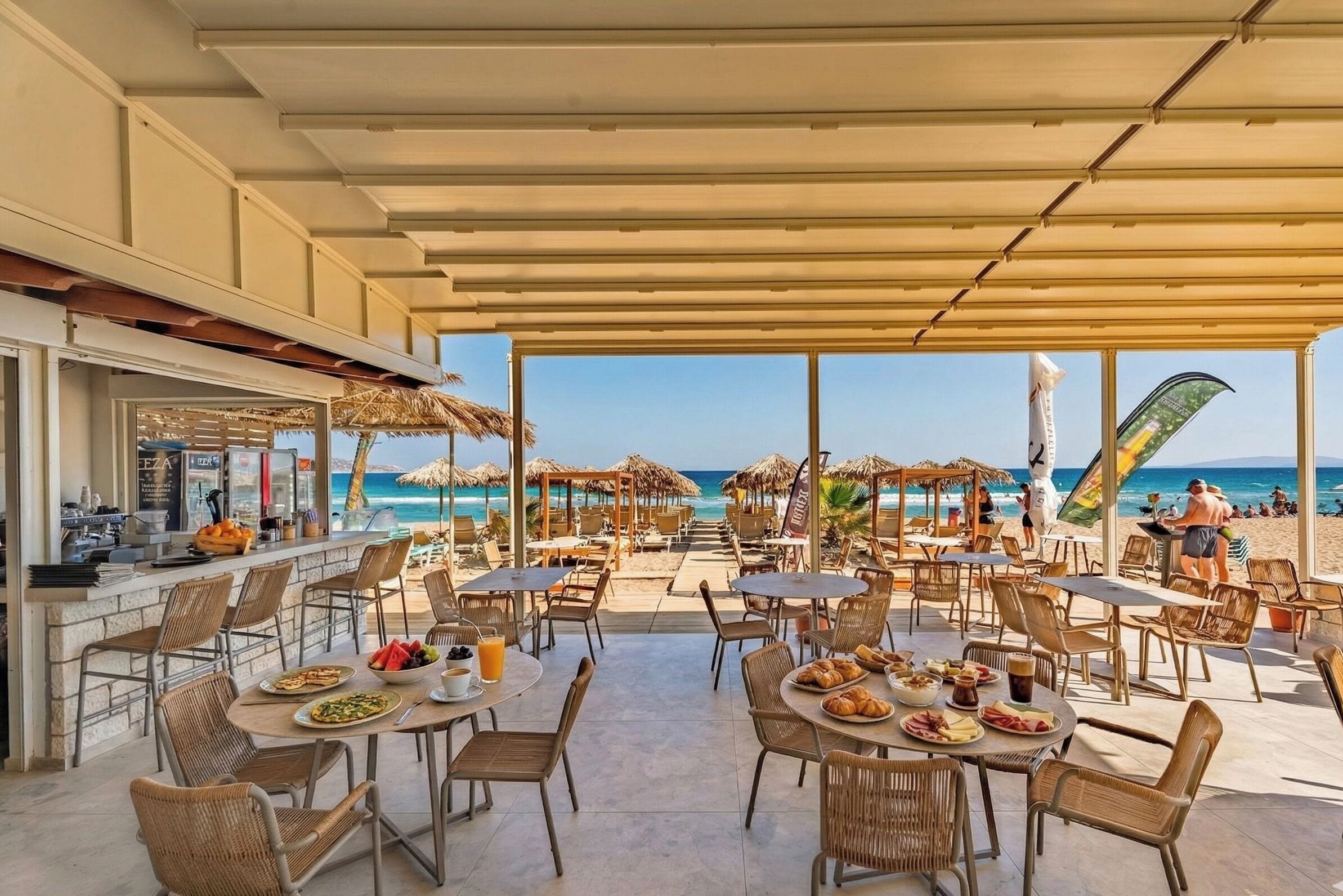 An outdoor dining area with tables and chairs, a bar, and a view of the beach and ocean.