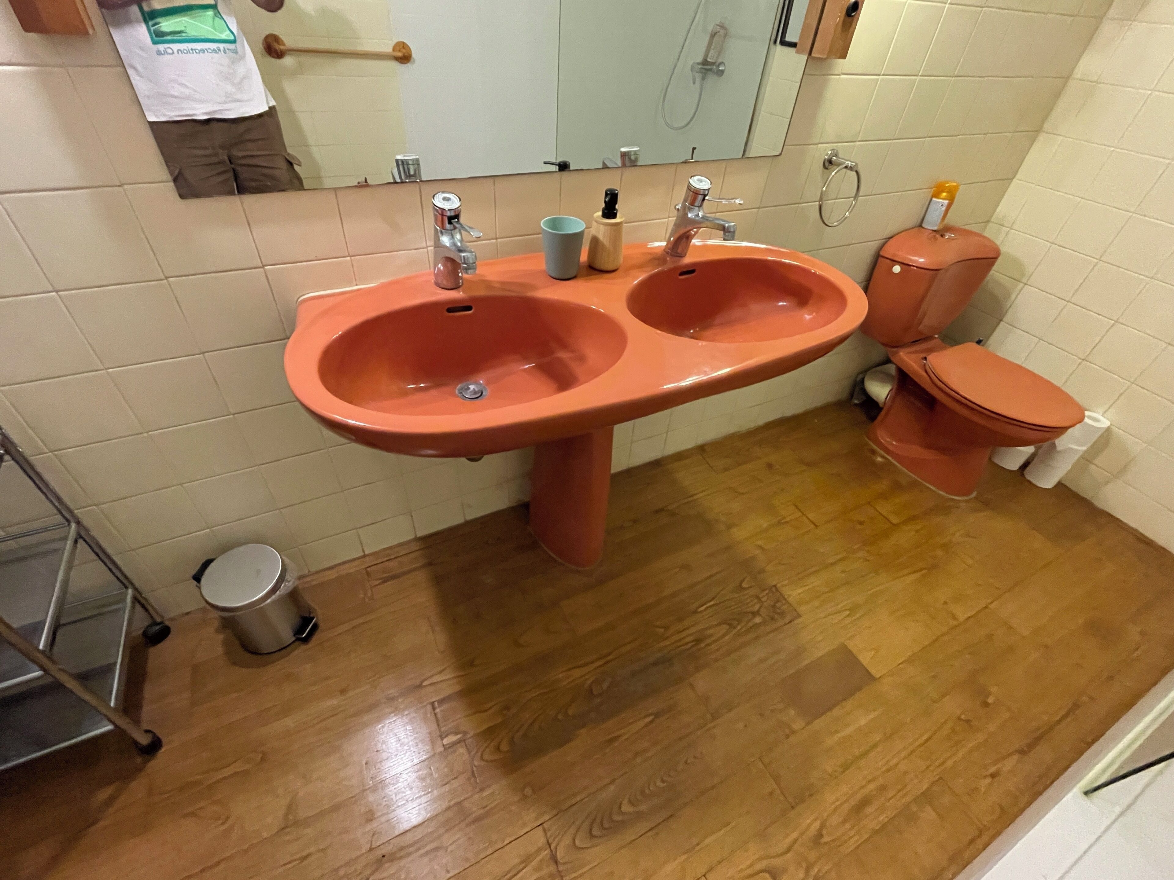 Shower, hair dryer, soap, toilet paper