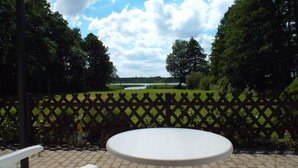 A covered outdoor seating area with a table and chairs, overlooking a grassy field and trees. - Bungalow in Schlowe Am See (Borkow)