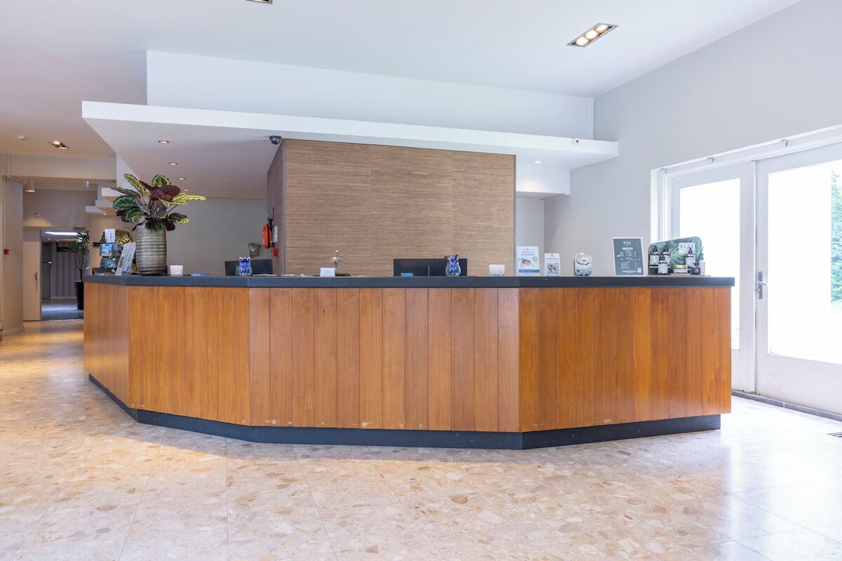 Un comptoir d’accueil avec un revêtement en bois, une plante en pot et une vue sur l’extérieur grâce à une grande fenêtre.