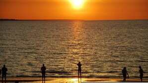 A sunset over a calm sea with silhouettes of people on the shore. - Zen Bamboo Cozy - Modern - Central (Darwin)