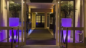 Entrada de hotel con puerta de cristal, camino alfombrado y macetas a ambos lados.