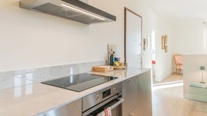 Eine moderne Küche mit Einbauherd, Backofen und Edelstahl-Schränken.
