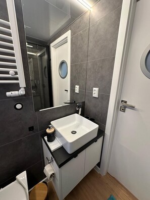 Shower, towels, soap, toilet paper