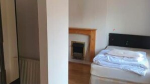 Une chambre à coucher avec un lit, un radiateur et une petite cheminée.