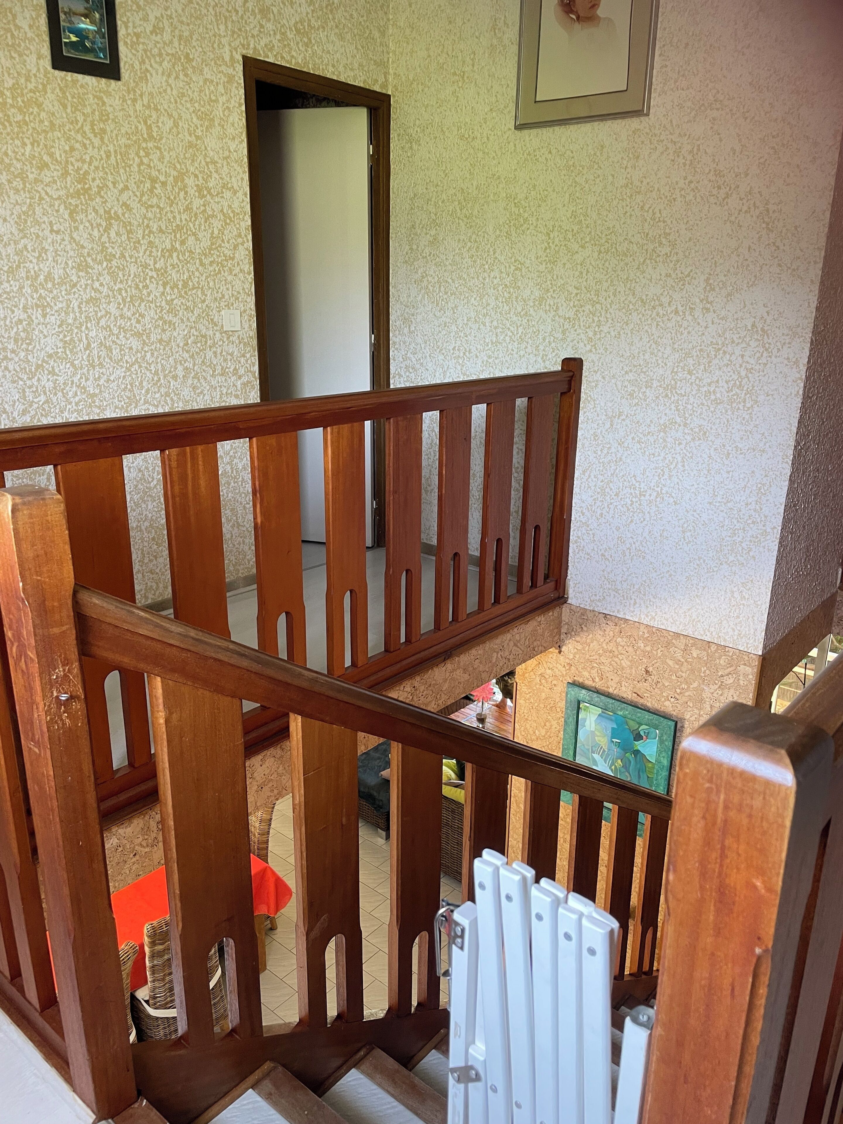 Une rambarde d’escalier en bois, une porte, un tableau encadré et un radiateur.