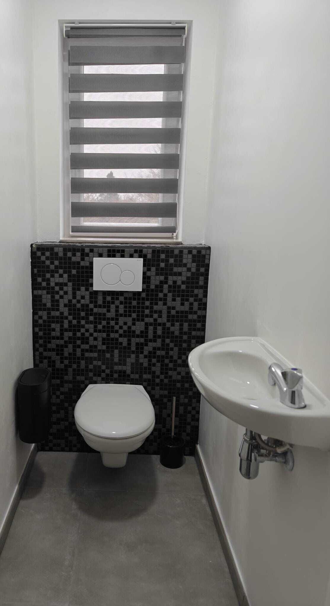 Een compacte, moderne badkamer met toilet, wastafel en een raam met zonwering.