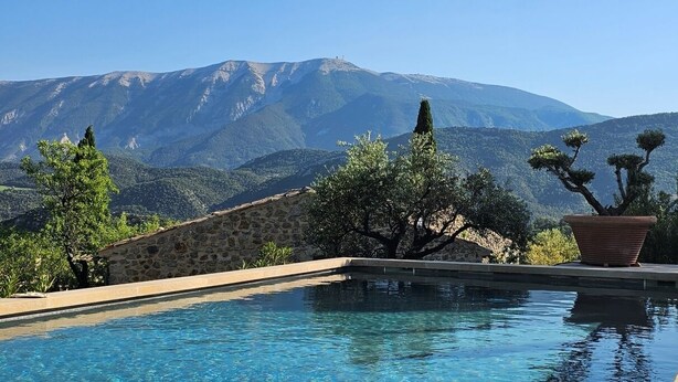 Una piscina con un muro de piedra y plantas en macetas, rodeada de árboles y montañas al fondo.