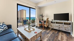 A spacious balcony with a view of high-rise buildings and the sea. - Origin 1033 - Studio - Lovely Sunrise Gulf Views (Panama City Beach)