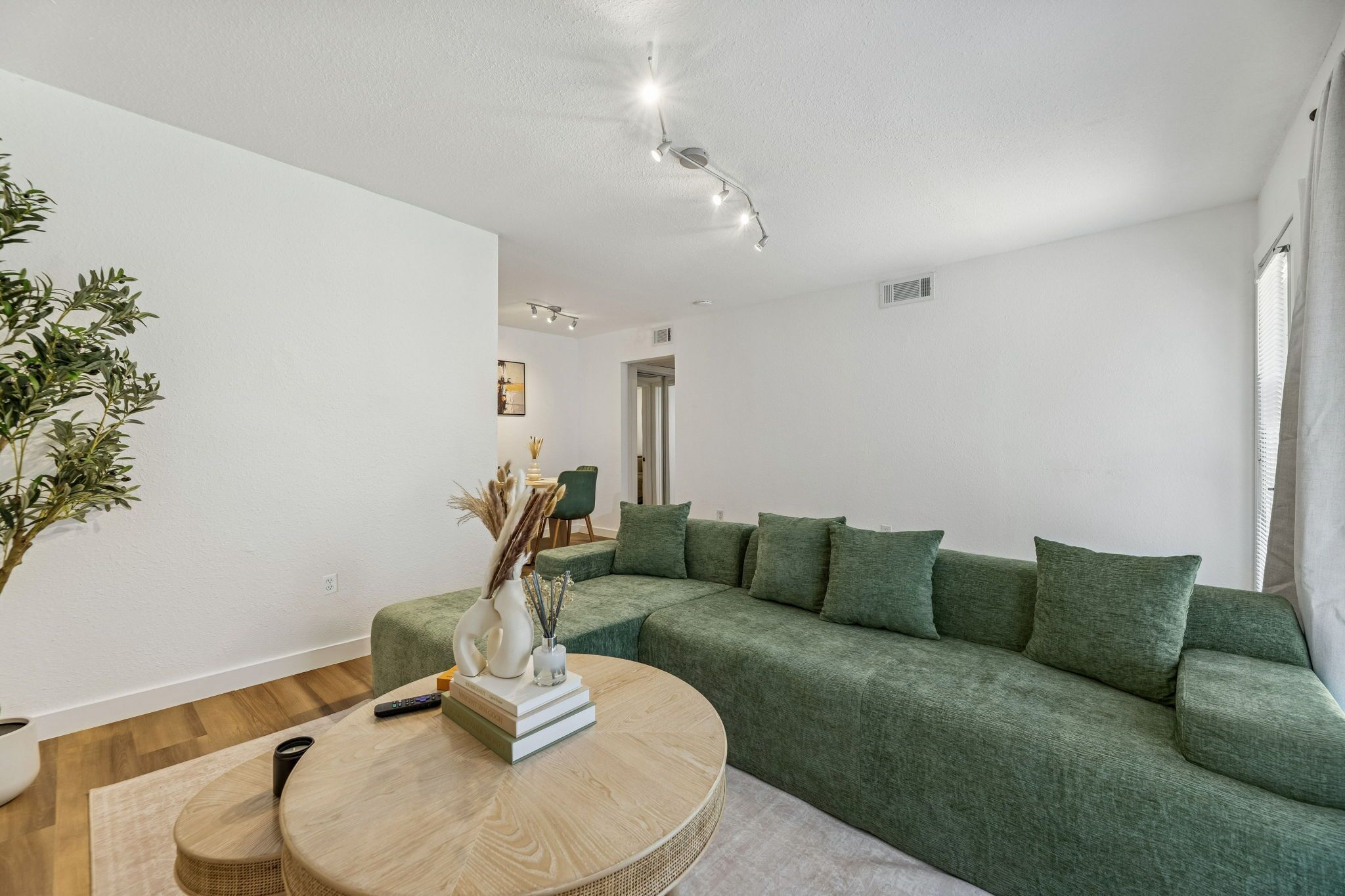 A modern living room with a green sofa, a round wooden coffee table, and a potted plant.