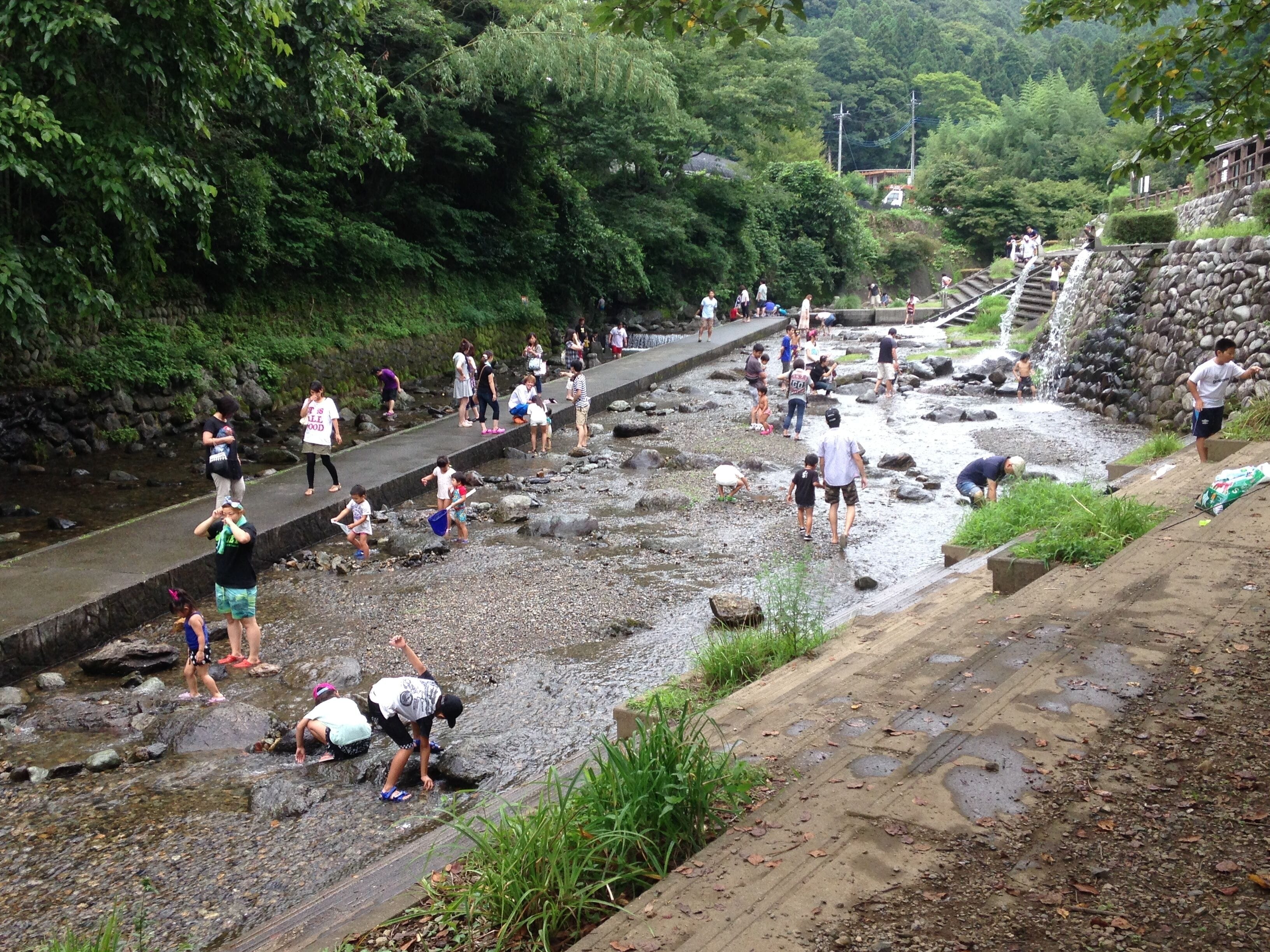 A riverbank with people engaging in water activities, a stone wall, and a pathway.