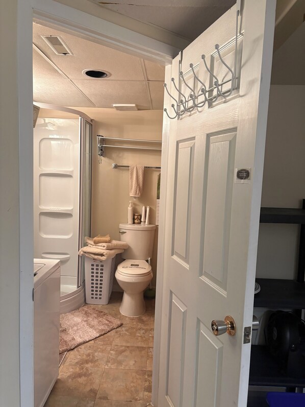 Hair dryer, towels, soap, shampoo
