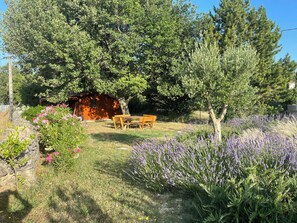 A wooden bench under a tree in a garden with lavender and other plants. - Country house surrounded by lavender fields and vineyards (Grignan)