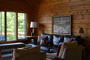 Smart TV, fireplace, books, computer monitors