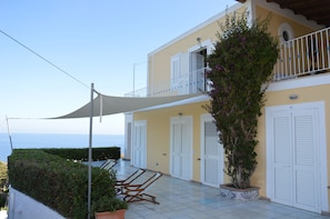 A building with a balcony, white shutters, and a potted plant.