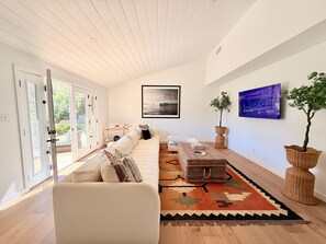 TV connectée, cheminée, livres, espaces bureaux