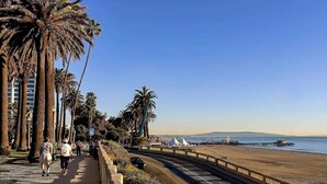 A coastal road with palm trees, a beach, and a clear sky. - The Rose Quartz' Rooftop Pool, Luxury 2BR 2BA Santa Monica Beach, Walk To Pier (Santa Monica)