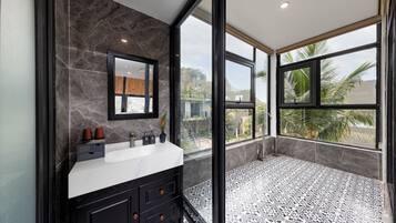 Elite Quadruple Room, 2 Bedrooms, Connecting Rooms, Pool View | Bathroom | Shower, hydromassage showerhead, designer toiletries, hair dryer