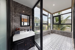 Elite Quadruple Room, 2 Bedrooms, Connecting Rooms, Pool View | Bathroom | Shower, hydromassage showerhead, designer toiletries, hair dryer