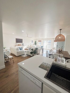 Smart TV, fireplace, books, music library