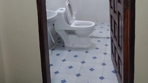 Een badkamer met toilet, wastafel en douche.